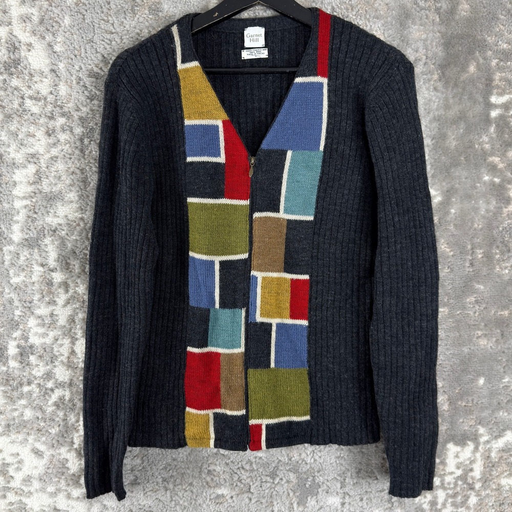Garnet Hill Size L Colorblock Patchwork Wool Zip Cardigan Charcoal Gray Women